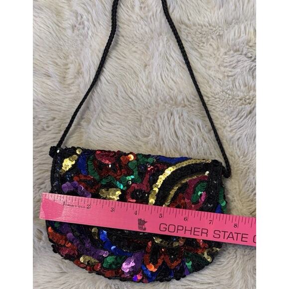 Vintage Multicolor Sequin Clutch Purse 8” Evening Bag Black Cord Strap Preowned - Picture 8 of 8